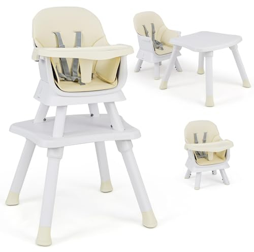 COSTWAY 6-i-1 Babybarnstol, barnstol och matstol, inlärningsbord & byggstensbord & barnstolsgrupp, barnstol med säkerhetsbälte och avtagbar bricka, babystol, kombibarnstol (beige + vit)