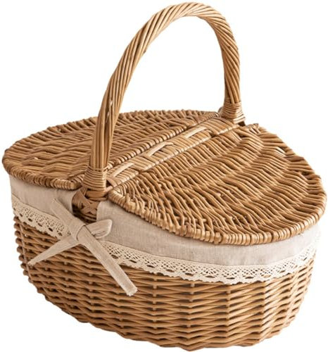 Panier de Rangement en Osier avec Couvercle, Panier en Osier Mignon avec Poignée et Couvercle, Panier Pique-Nique en Osier, Panier Pâques pour Enfants pour Salle de Salon, Cuisine (26 x 20 x 18 cm)