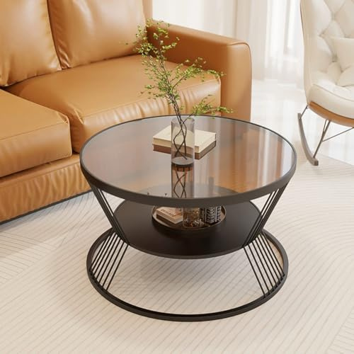 Moderna mesa de centro redonda de cristal negro con marco de metal para almacenamiento, mesa auxiliar para sala de estar, dormitorio, oficinas y espacios pequeños, 45 cm, diseño elegante y funcional