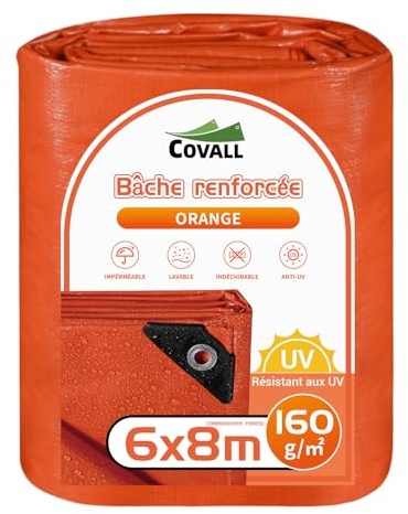 COVALL Orange Tarpaulin 6m x 8m, Waterproof Heavy Duty Tarp 160GSM, UV Protection, Reinforced Eyelets, Tear Resistant, Ground Sheets, Multipurpose Outdoor Garden Trailer Cover