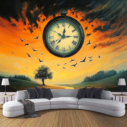 CDXNORA Oil Painting Landscape Silk Mural Wallpaper, 350×256cm Tree Road Clock Bedrooms Murals, Orange Wall Mural 3D Effect Art Poster Decor Wall Decoration Paper Poster for Living Room