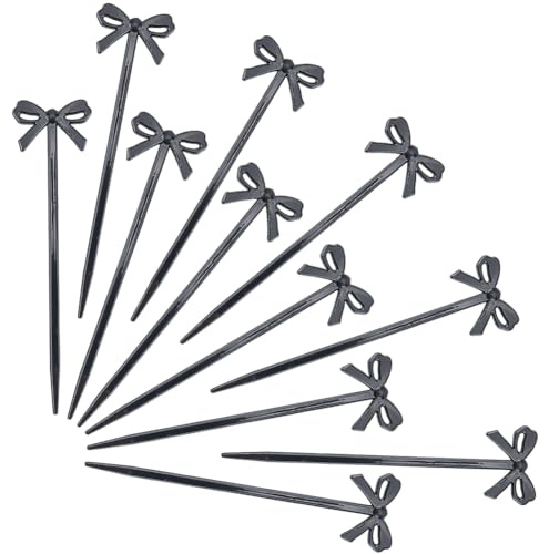 CREATCABIN 50 palillo de Cóctel con Lazo Negro Palillos de Dientes Elegantes Palitos de Cóctel Brochetas de Plástico Adornos para Cupcakes Lazos Decorativos para Aperitivos Postres Sándwiches 10.2cm