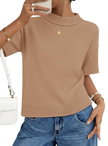 ZESICA Women's Short Sleeve Sweaters 2026 Summer Crewneck Soft Loose Knit Work Blouses Tops Trendy Outfits Toffee Medium