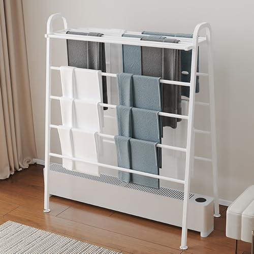 YANGLLYJ Wäscheständer mit Ölradiator, Heizkörper Abdeckung, Waeschestaender mit 8 Wäschestangen und EIN Großer mit Stauraum für den Innenbereich Im Winter(White,80x85x48cm/31x33x19in)