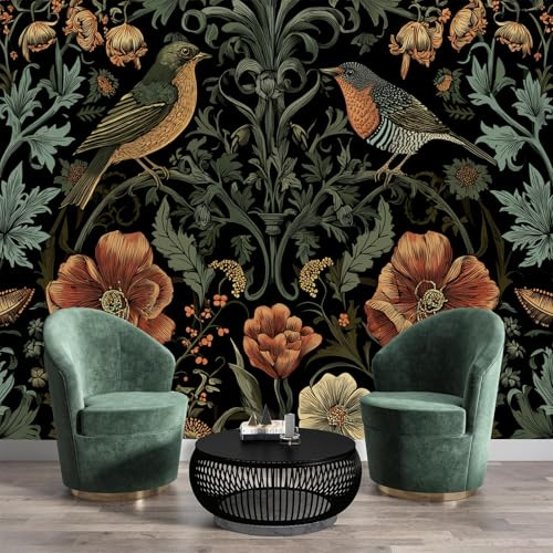 NAWVNMI 3D Carta Da Parati Fiori Uccelli Stile William Morris Fotomurali Decorazione da Muro per Sfondo Ristorante Soggiorno Tv Parete Camera Da Letto 150 x 105cm