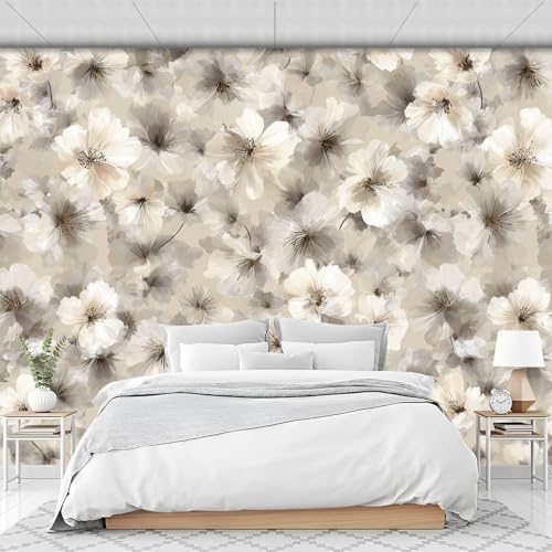 Carta da Parati Panoramica Acquerello Fiori, Carta da Parati Seta Poster Murale Elegante Tranquillo, 450 x 315cm (L×H) Crema Grigio Chiaro Poster Quadri Fotografici Murali Per Camera Soggiorno