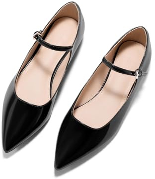 Coutgo Womens Mary Jane Flats Closed Pointed Toe Ballet Flats Ankle Strap Work Dress Shoes, Black, Size 11