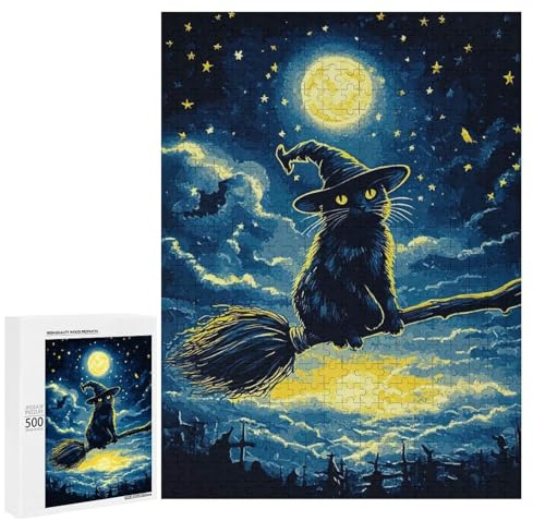 500 PCS Adult Puzzles Black Cat Witch on Broom Puzzles for Adults Brain Teaser Game But Fun And Humorous Gifts for Friends And Family 500 PCS