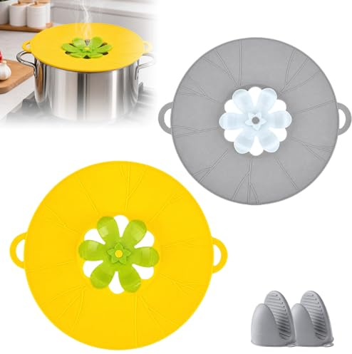 Reusable Silicone Spill Stopper, 2 Diameters | 11.4 Yellow and 10.2 Gray, with 2 Anti Scalding Hand Clip, Intelligent Anti Spill, for Microwave, Pans, Skillets
