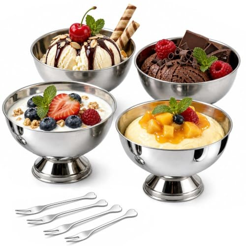 4 Stück Eisbecher 304 Edelstahl 200ml , Dessertschalen mit 4 Gabeln (Typ 2) | Slush Eis Becher, Cocktail Gläser mit Fuß, für Desserts, Eisbecher, Salat, Cocktail, Gewürze, für Partys Gastronomie