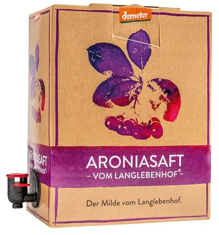 Langlebenhof Bio Aroniasaft 3 Liter Box – Demeter Direktsaft mild | Aus deutschen Aroniabeeren, praktisch portionierbar im Vorratspack mit Zapfhahn