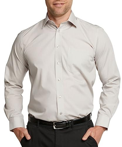 Double TWO Men's Long Sleeve Plain Formal Shirt Non Iron Classic Fit Business Dress Shirt - Stone, 19in Collar