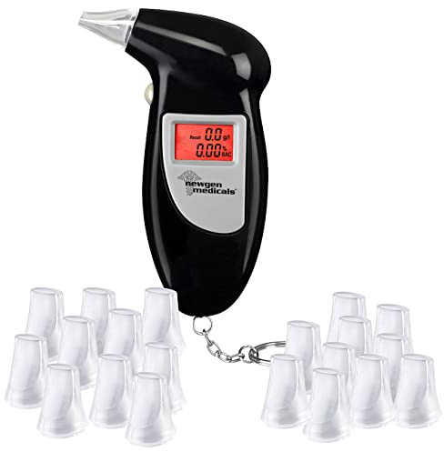 newgen medicals Alkoholtester: Alkoholmesser mit LCD-Display, 20 Wechsel-Mundstücke, batteriebetrieb (Alkoholmessgerät, Alkotester, Schlüsselband)