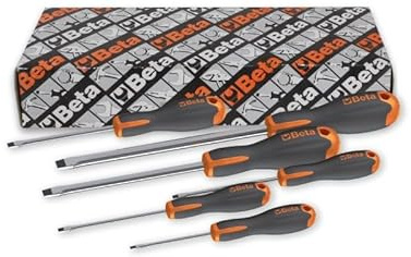 Beta 1201E/S6 – Set di 6 Giraviti Evox per Viti a Testa con Intaglio, Cromati con Punta Nera, Impugnatura Ergonomica, Lunghezze da 75 a 200 mm – Utensile Professionale per Officina e Manutenzione