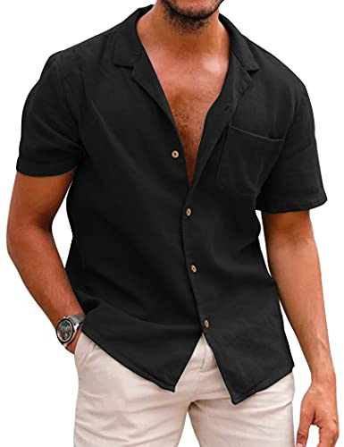 COOFANDY Men's Linen Shirts Short Sleeve Summer Holiday Shirt for Men Button Down Beach Shirts Tops Black XXL