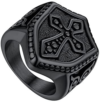 U7 Herren Wikinger Ring Edelstahl Tempelritter Kreuz Schild Ring Schwarz Casual Gotik Statement Ring Biker Modeschmuck Hip Hop Rapper Accessoire für Geburtstag(Ring Größe 57)