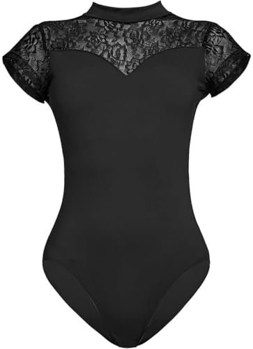 KorhLeoh Maillot de ballet de manga corta con cuello alto para mujer, con encaje duradero, ropa de gimnasia para adultos, Negro, L