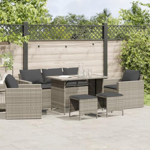 Homgoday 6-TLG. Gartenlounge Balkonmöbel Gartensofa Gartenmöbel Loungemöbel Loungesofa Sitzgruppe mit Tisch Sofagarnitur mit Kissen Ecksofa für Balkon Terrasse Hellgrau Poly Rattan