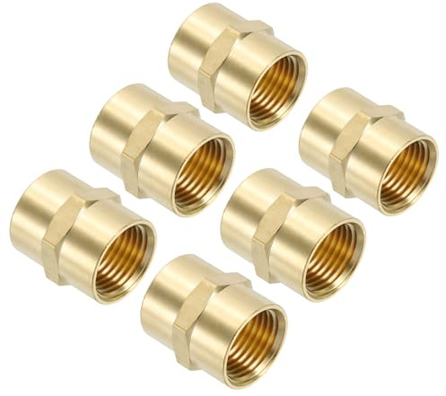 PATIKIL 1/2 x 1/2 Brass NPT Coupler, 6 Pack Female Hex Head Pipe Fitting Coupling for Home Plumbing Pipes Shower Head Bases Coupling, Gold