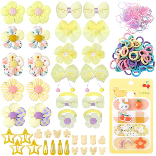 400 Pcs Baby Girls Hair Accessories Set,Baby Girls Hair Ties,Flower Bows Rubber Bands,Hair-friendly Hair Clip,Soft Elastic Hair Bands,Claw Clip(Yellow)