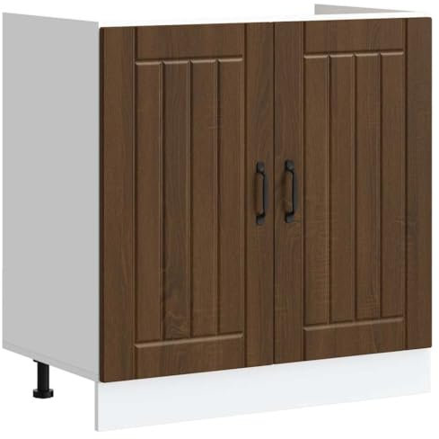 vidaXL Lucca Brown Oak Engineered Wood Sink Base Cabinet - Adjustable Feet - Ample Storage - Modern Kitchen Furniture - 80x46x81.5cm