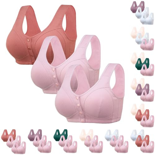 Comfortable Bras For Older Women, Front Button Bras For Women 3 Pieces Soft Cotton Vest Lightly Stretchable Button Bra Anti Sagging Breast Bra Push Up Full Coverage Bras For The Elderly