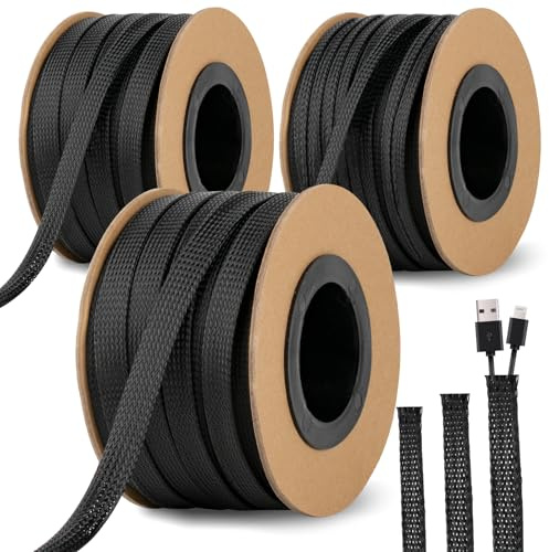 300 Feet 1/4, 1/2, 3/8 Inches Braided Wire Loom PET Cable Loom Expandable Braided Sleeving Wire Sleeve for TV, Computer, Home Theater, Black