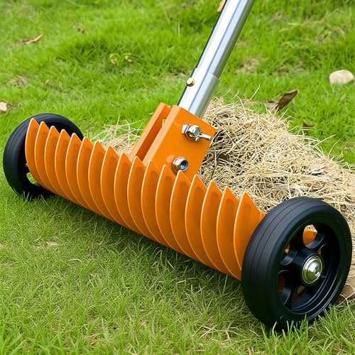 Thatch Rake for Lawn, 15-Inch Dethatcher Rake with Rolls Efficient Steel Metal Rake, Adjustable 0-15°, 38-68 Inch Handle, Heavy-Duty Thatching Rakes for Cleaning Dead Grass, Yard Garden Care (Coral)