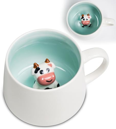ZONSUSE Süße Kuh Becher, 3D Kuhs Tasse, mit Deckel und Löffel, Lustige Keramik Kaffeetasse, 3D Tierbecher für Tee, Milch, Idee Geschenk für Frauen, Freunde, Zuhause 350ml (3D-Kuh)
