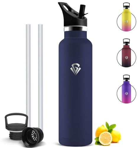 Mujigaga Botella Acero Inoxidable 1 litro, Prueba de Fugas Cantimplora Termica con 2 Tapones, Botella Agua Gimnasio con Pajita y Filtroc, Termo sin BPA para Hogar, Colegio, Gym