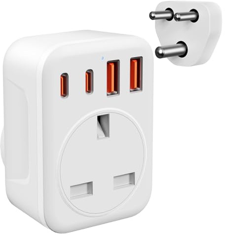 Omivine UK to South Africa Plug Adapter, 5 in 1 Type M SA Travel Power Adapter Converter mit 1 AC 2 USB-C 2 USB-A for South Africa, Lesotho, Mozambique, Namibia, Swaziland, Zimbabwe, etc (Type M)
