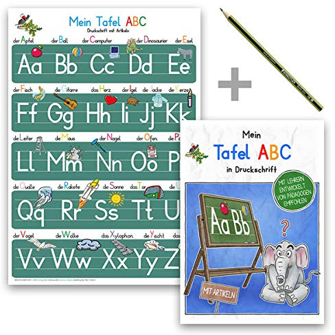 Mein Tafel-ABC - Set Druckschrift mit Artikeln: Lernposter DINA 4 laminiert + Schreiblernheft DINA 5 auf 120g/m² Zeichenkarton + Staedler Bleistift