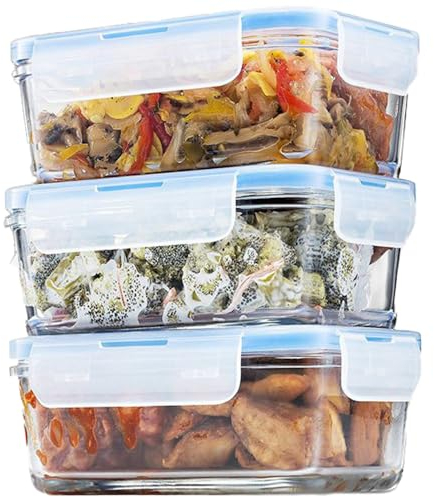 Airtight Glass Food Storage Containers with Lids - 3 Pack 100% Leak Proof BPA Free, Freezer to Oven Safe, Glass Meal Prep Lunch Box Takeaway - 828ml