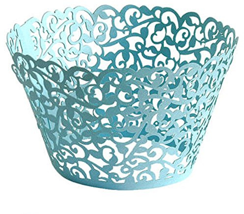 AKA® Little Flower Vine Lace Laser Cut Cupcake Wrappers Wraps Liners Baking Cup Muffin Case Trays Wedding Birthday Party Decoration (50pcs, Blue)
