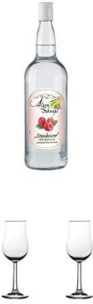 Alpenschnaps Steinbeisser Himbeere 1,0 Liter + Nosing Gläser Kelchglas Bugatti mit Eichstrich 2cl und 4cl 1 Stück + Nosing Gläser Kelchglas Bugatti mit Eichstrich 2cl und 4cl 1 Stück
