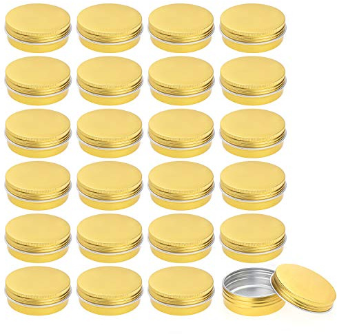 Foraineam 24 Pack 2 oz Round Aluminum Lip Balm Tin Cans with Screw Top Lids - Golden Cosmetic Sample Containers - Metal Empty Tins Travel Storage Tin Jars for Salve, Spice or Crafts
