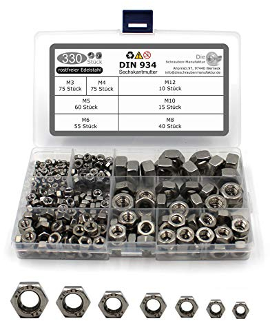 330 teiliges Set aus Sechskantmuttern nach DIN 934 / ISO 4032 Standard Edelstahl A2 V2A Schraubenmuttter Edelstahlmutter Sechskant-Mutter Größe M3-M12 (330 Teile)