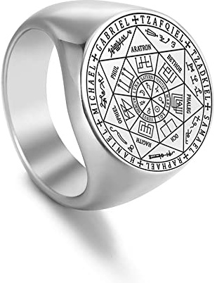 Amaxer Sept Archanges Anneau pour Hommes En Acier Inoxydable Le Sceau De Salomon Tetragrammaton Archanges Protection Anneau Déclaration Bande pour Hommes Femmes (Argent, 22mm)