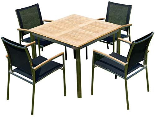 ALEOS. Gartengarnitur Edelstahl Batyline A-Grade Teak Holz Set: Tisch 90x90 cm + 4 Sessel Serie Kuba-SCHWARZ Gastroqualität