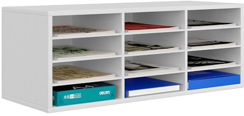 EasyPAG Trä skrivbord 4 nivåer arkiveringsbricka skrivbord prydlig post sorterare filhållare tidningsorganisatör, 12 fack förvaring, vit, 780 x 303 x 298 mm