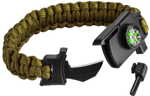 NEO TOOLS 5-in-1-Überlebensarmband, Survival-Armband, enthält Paracord | Zunder, Kompass, Messer und Pfeife. 3,5 m Seil, Seilstärke 250 kg, Armbandbreite 26 mm, Umfang 240 mm, Zunder 5 x 20 mm, Grün