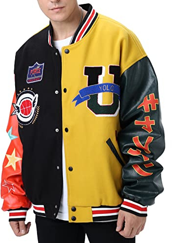 Eocicvvi Vintage College Jacke Unisex Bomberjacke Baseball Jacke Übergangsjacke Oversized Druck Jacken mit Knopf Y2K Fashion Casual Winter Herbst(Gelb,L)