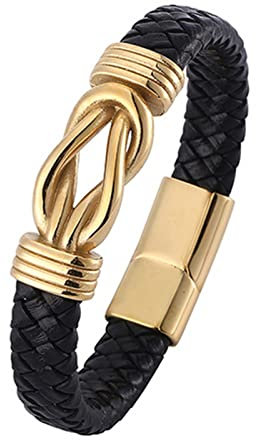 AMDXD Personalisierte Geschenke Armreifen Leder Herren, Lederarmbänder für Herren Gewebt Armbänder Herren Leder Gold Armschmuck Edelstahl mit Magnet Verschluss, Länge 18.5cm