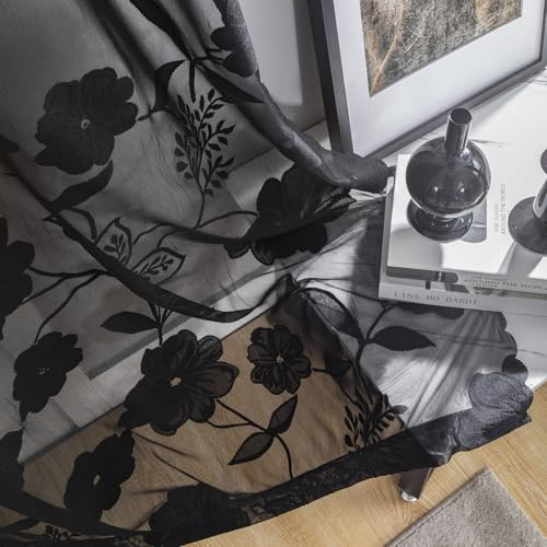 Treatmentex Cortinas de Encaje Negras Florales con Ojales, 140Anx260Al cm | Cortinas Salón con 8 Ojales, Visillos Translúcidos para Ventana de Dormitorio, Modernas Decorativas Suaves, 2 Piezas