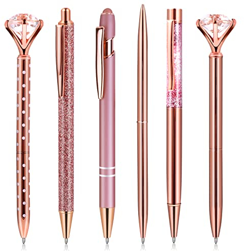 Lot de 6 stylos à bille en or rose pour femme - Stylo à bille rose doré à paillettes - Beau stylo à bille en métal - Fournitures de bureau pour écrire pour le bureau et la maison (rose)