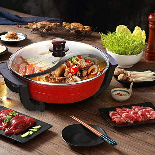 Poêle électrique à double grille Fondue électrique fondue Yin et Yang Fondue à Soupe Double Face Fondue Chinoise Revêtement anti adhésif, 1300W, 6L