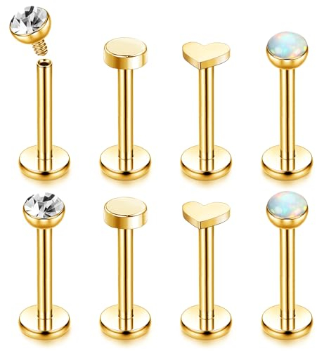 Chriscoco 16G G23 Titan Labret Piercing Internally Threaded Lippenpiercing Tragus Earrings Piercing Ohr Tragus Piercing Medusa Piercing Knorpel Helix Piercing Tragus Stud Gold 8MM