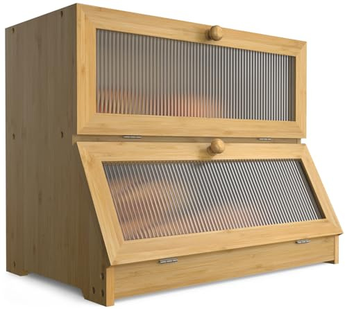 LOHASOK Double Layer Bamboo Bread Box for Kitchen Counter-Large Capacity Bread Storage Container Farmhouse Bread Box with Window Bread Holder