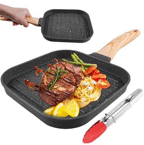 WIYETY Grill Pan with Handle, 19 x 20 cm, Medical Stone Steak Pan with Tongs, Pan, for Chicken Wings, Steak, Pancakes, All Hob Types - Black