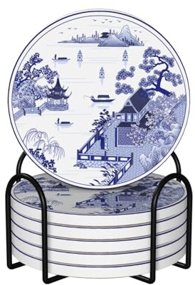 keluki 6 Pcs Ceramic Coasters with Holder Absorbent Drink Round China Blue and White Porcelain Royal Collection Design for Home Table Coffee Cup Wine Beer Bar,Size 4 inches
